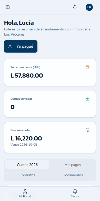 Portal del inquilino en el celular con el botón Ya pagué